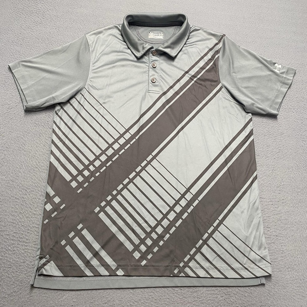 Under Armour HeatGear‎ Polo Golf Shirt Mens Large Gray Striped Short Sleeve